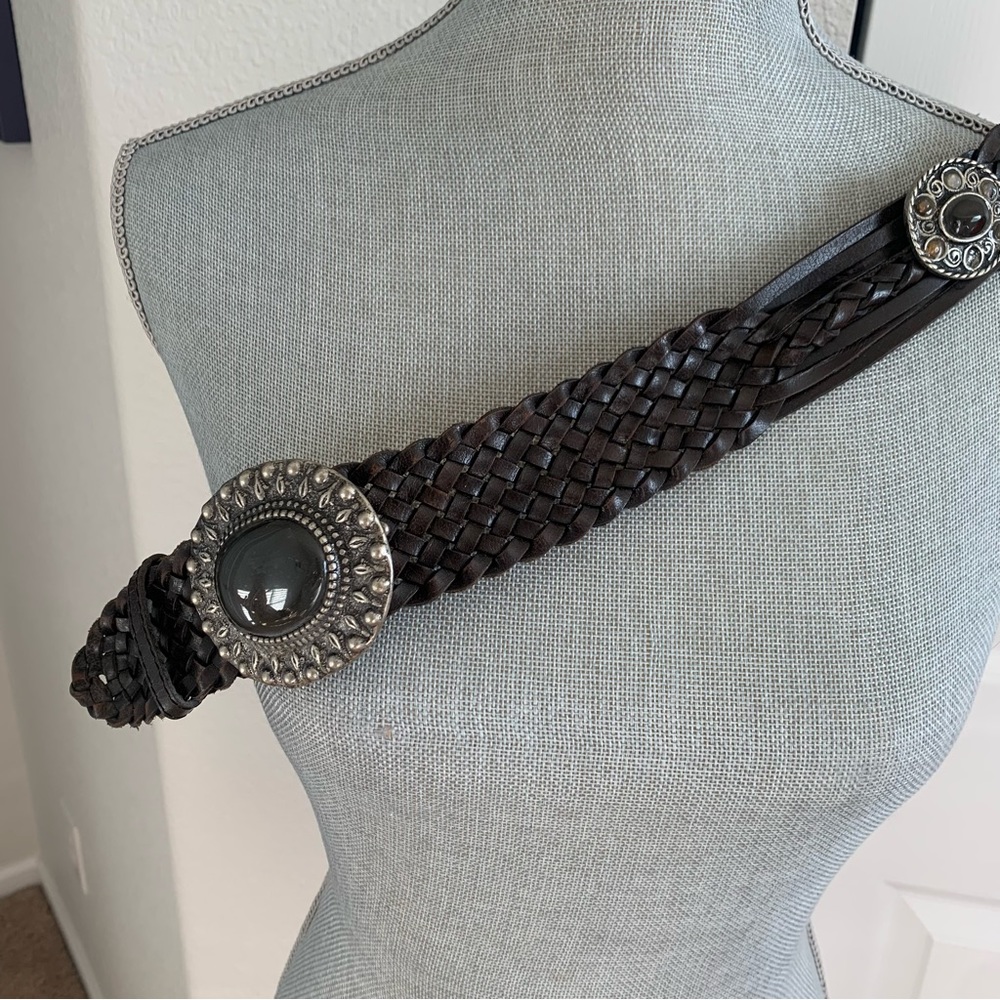 Brown leather belt woven with gorgeous silver stone accented areas stone buckle